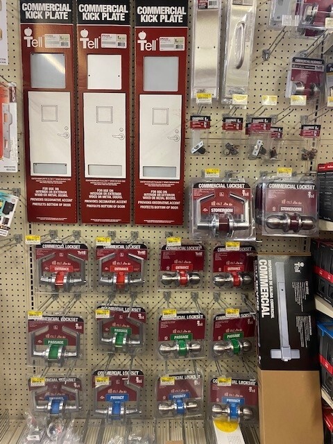 Display of commercial locks for doors.